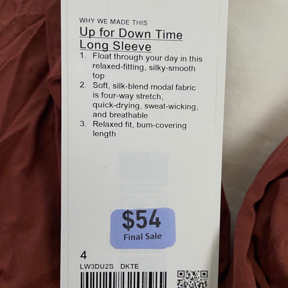 NWT Lululemon Up for Down Time Long Sleeve, size 4, dark terracotta